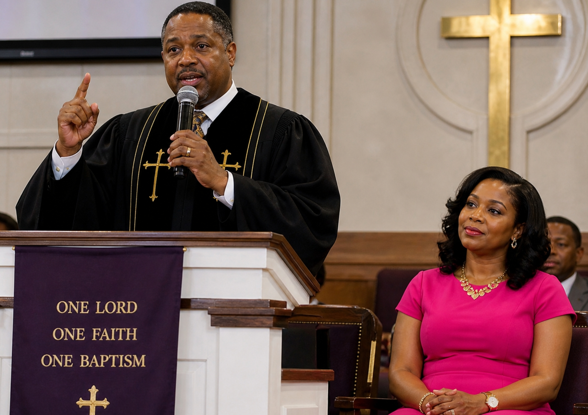 A respected pastor preaching in church while his composed second wife sits beside him, symbolizing hidden secrets behind a perfect image.